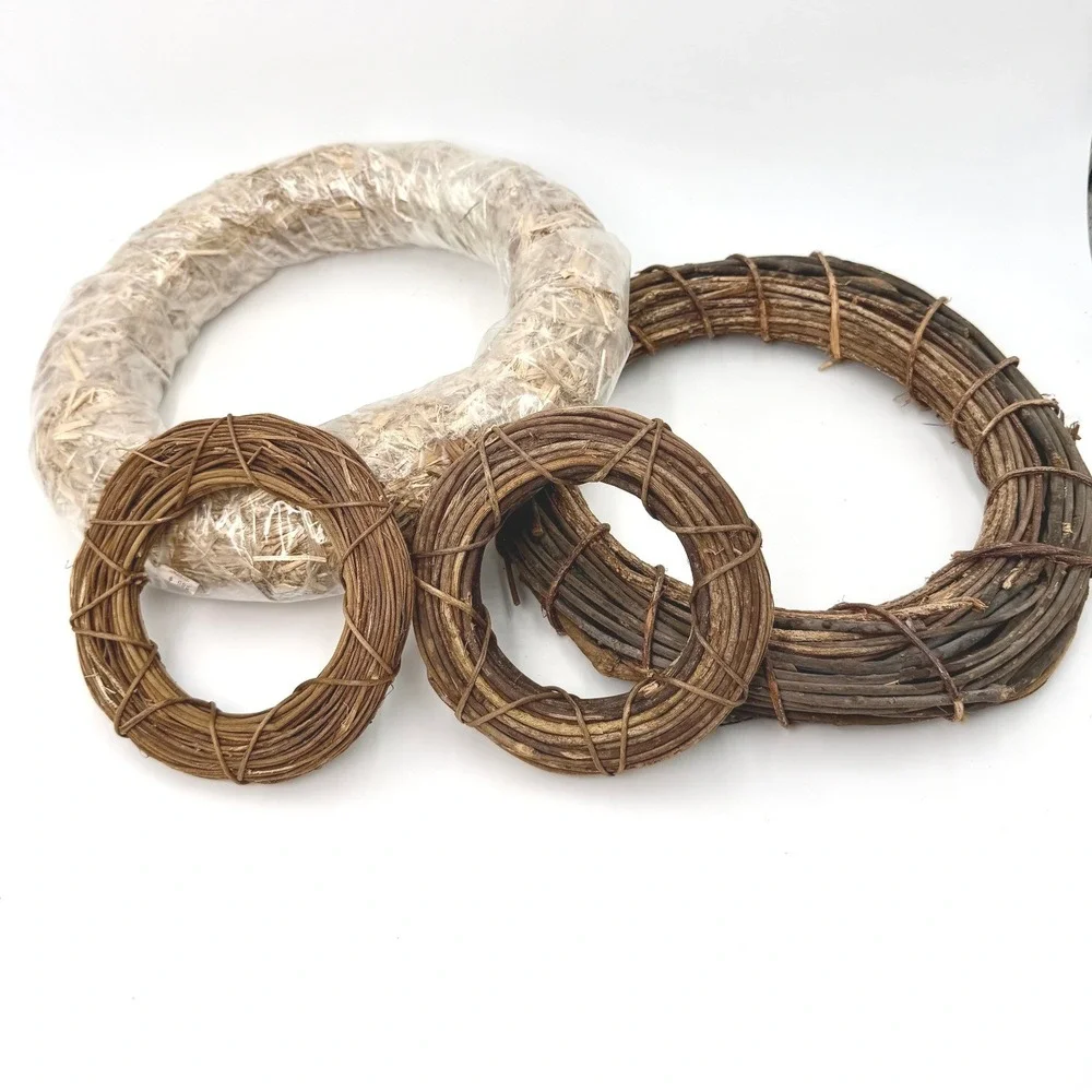 Natural Grapevine and Straw Wreath Base Set 4pc Rustic DIY Craft Decor 6-14in